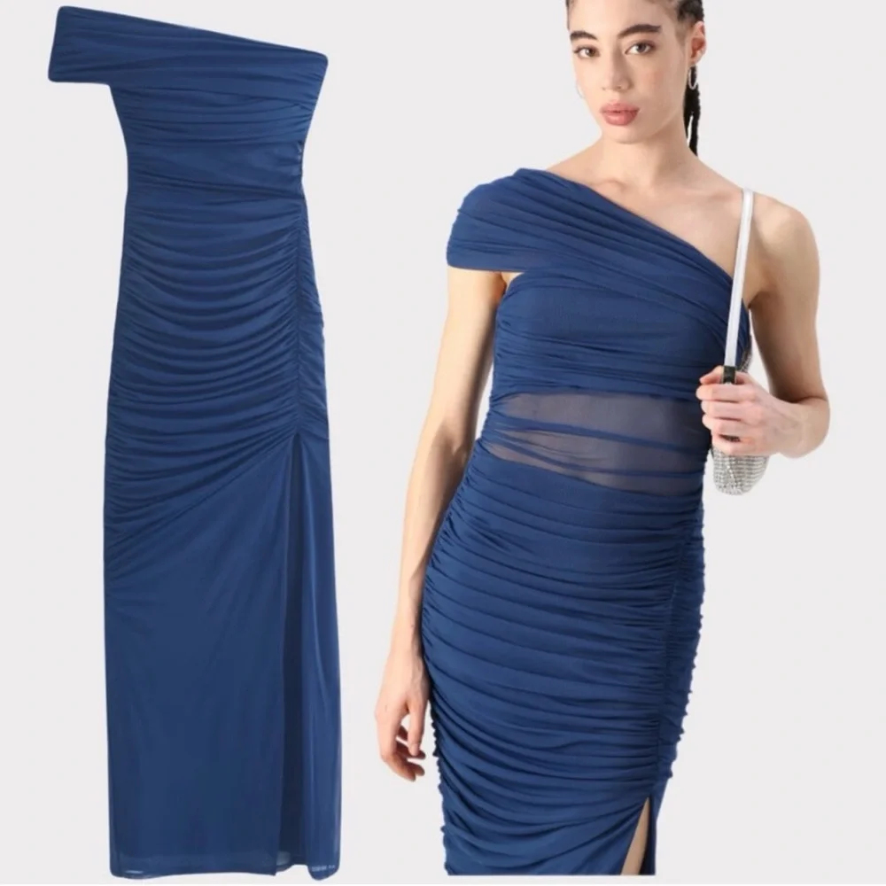 Abercrombie & Fitch Mesh Asymmetrical Off-The-Shoulder Draped Maxi Dress |  LT